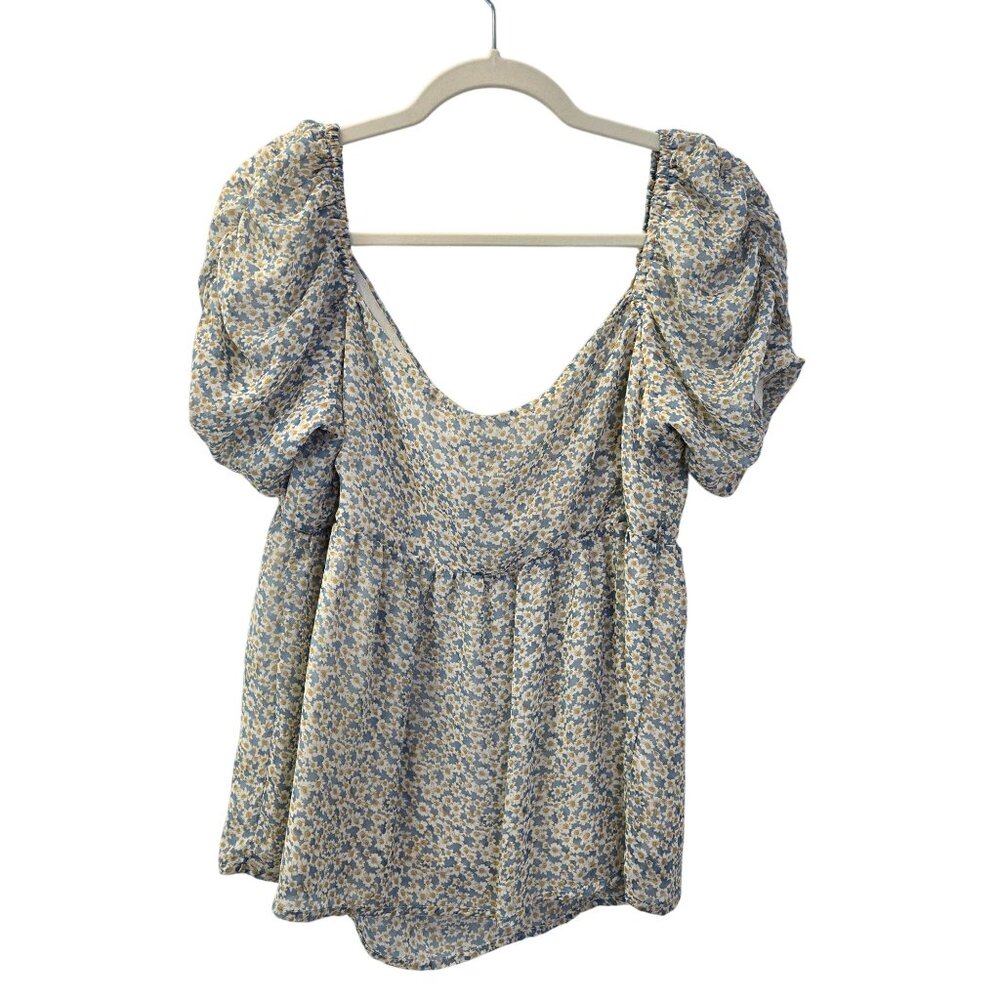 Louna Blue Daisy Chiffon Puff Sleeve Boho Blouse Size Medium - Picture 2 of 6